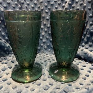 3 TIARA INDIANA SANDWICH GLASS SPRUCE GREEN ICED TEA GLASSES